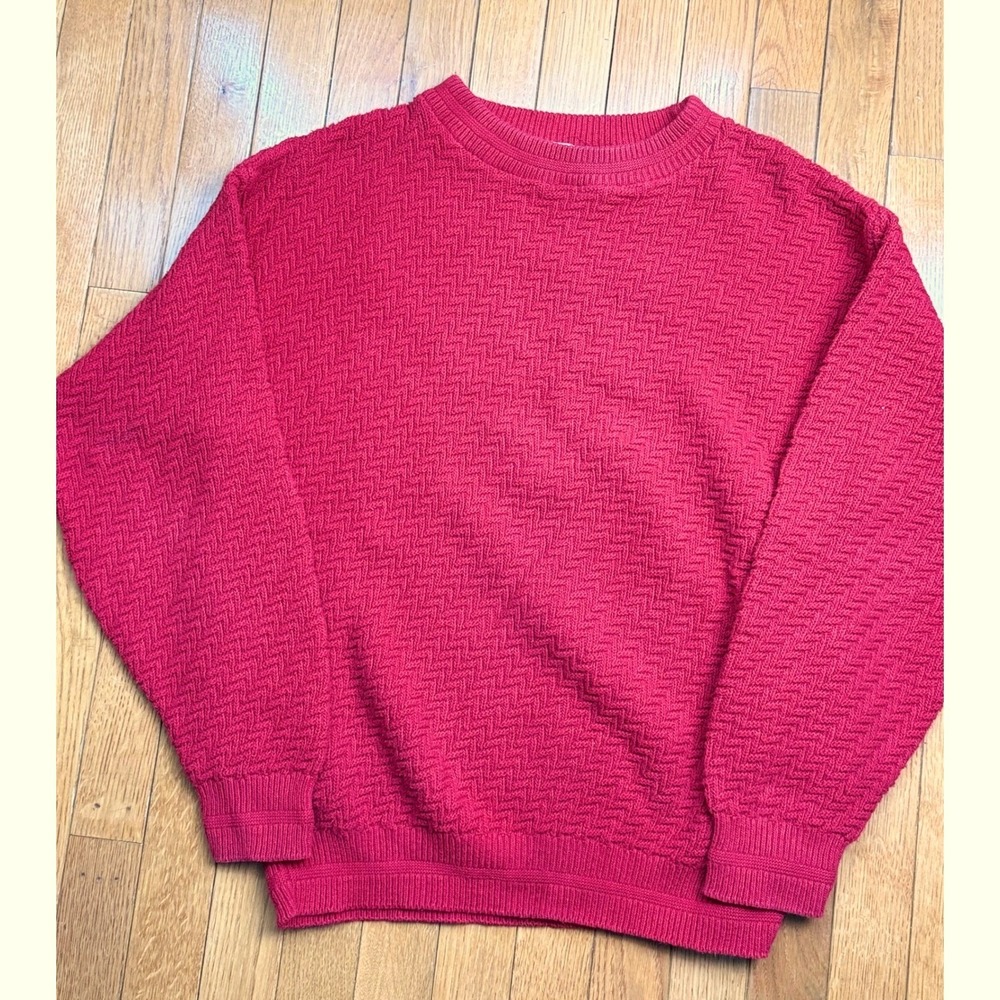 Vntg 90s Bill Blass Red Textured Zigzag Knit Cotton Crew Neck Sweater Mens‎ M